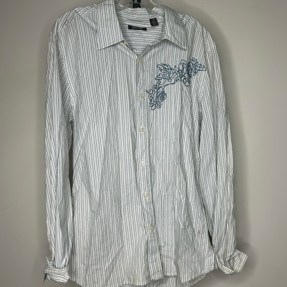 Kenneth Cole Reaction‎ Shirt- Large-embroidered floral button down striped blue - Picture 6 of 7